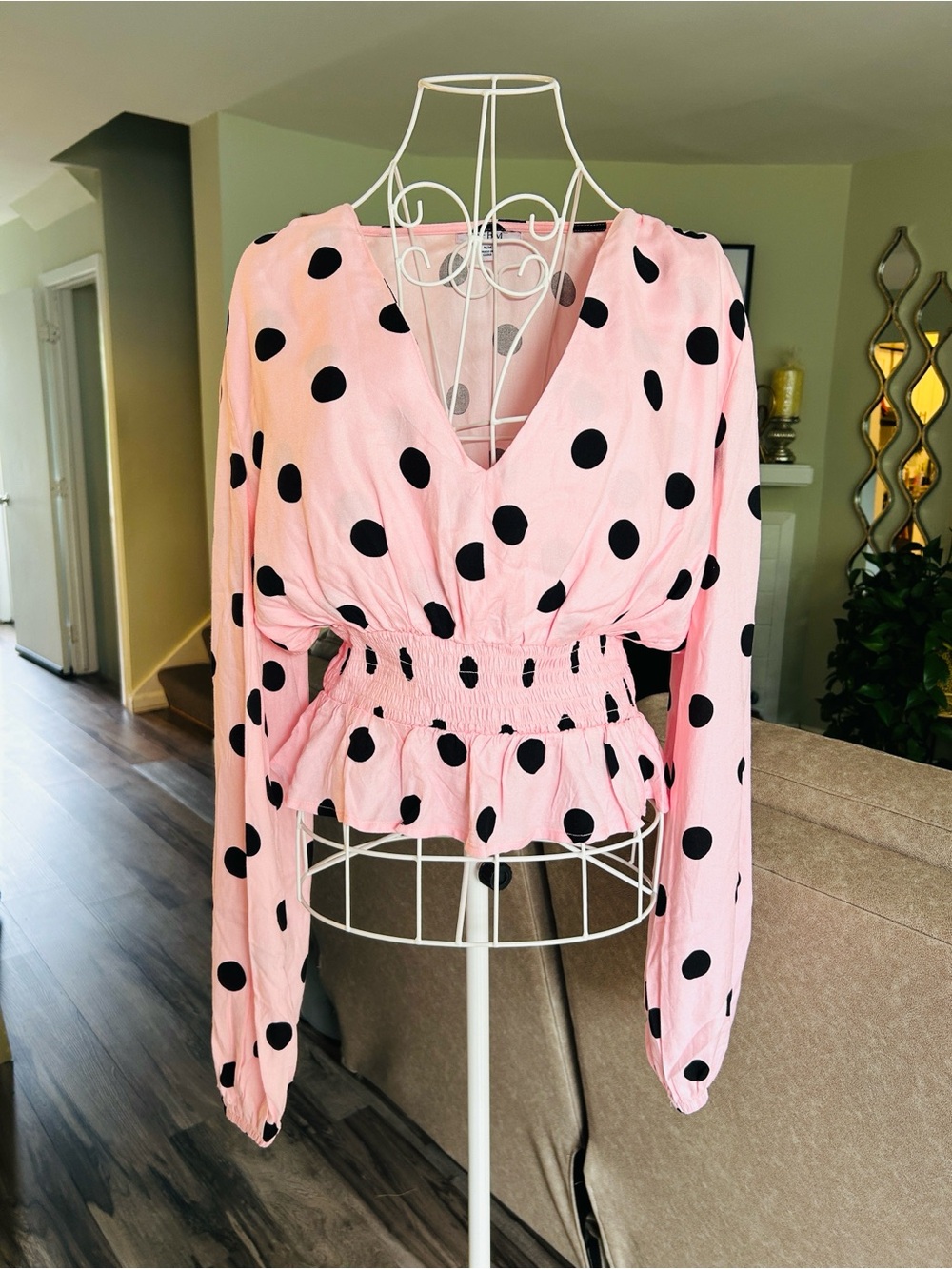 AFRM Pink and Black Polka Dot V-Neck Top
